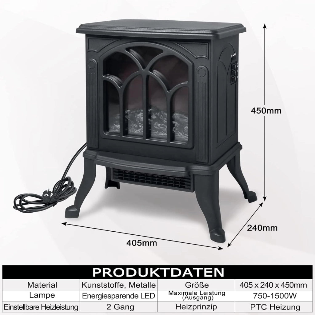 Camino elettrico con riscaldamento, 750 W/1500 W, camino elettrico con effetto fiamma LED 3D, camino elettrico, temperatura regolabile, colore nero