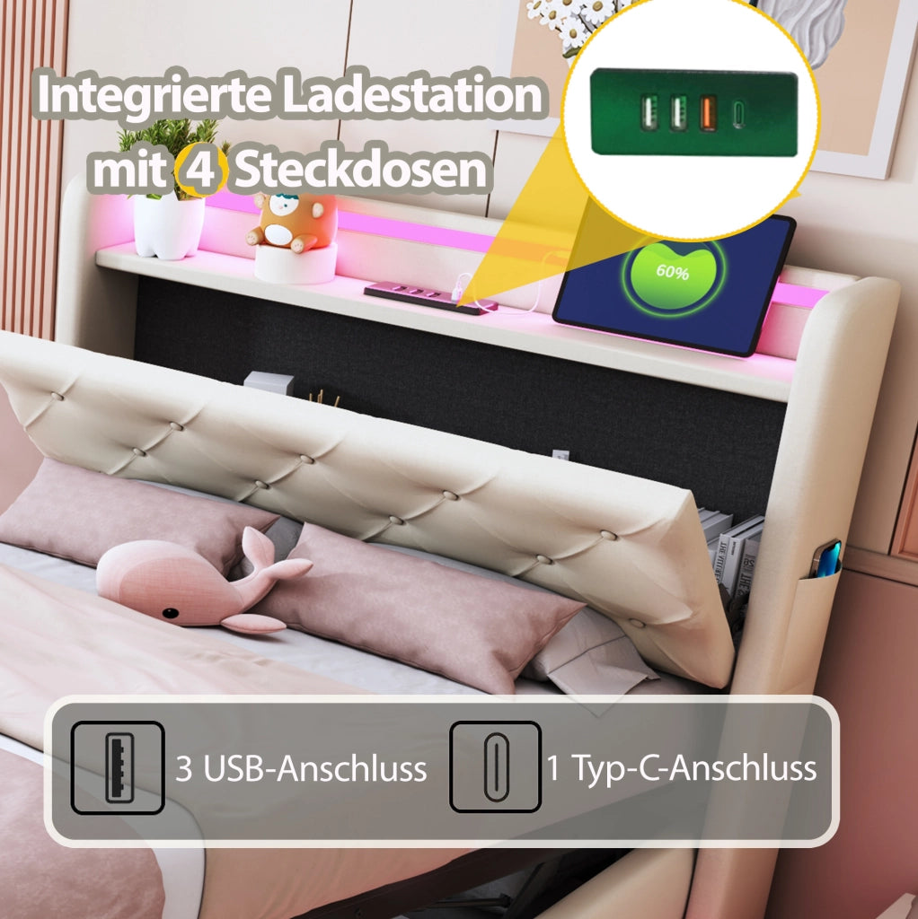 Letto imbottito per bambini 90x200 cm beige con LED e USB