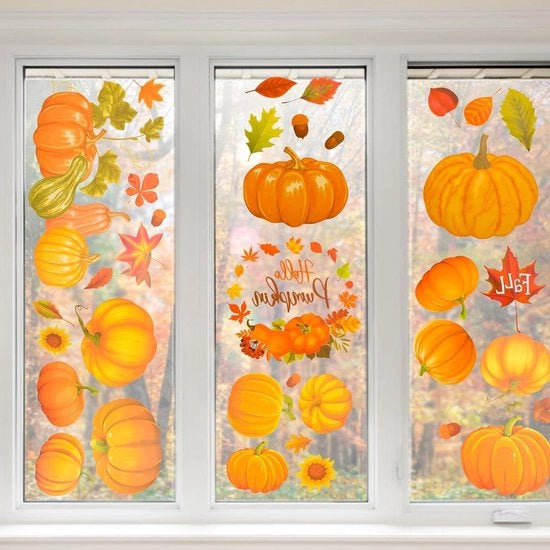 Decorazione di finestra per l'autunno con 9 fogli di fogliami di acero e decorazioni di zucca per decorazione di autunno e Thanksgiving - Doppia faccia e riutilizzabile - Decorazione di finestra con tema di autunno