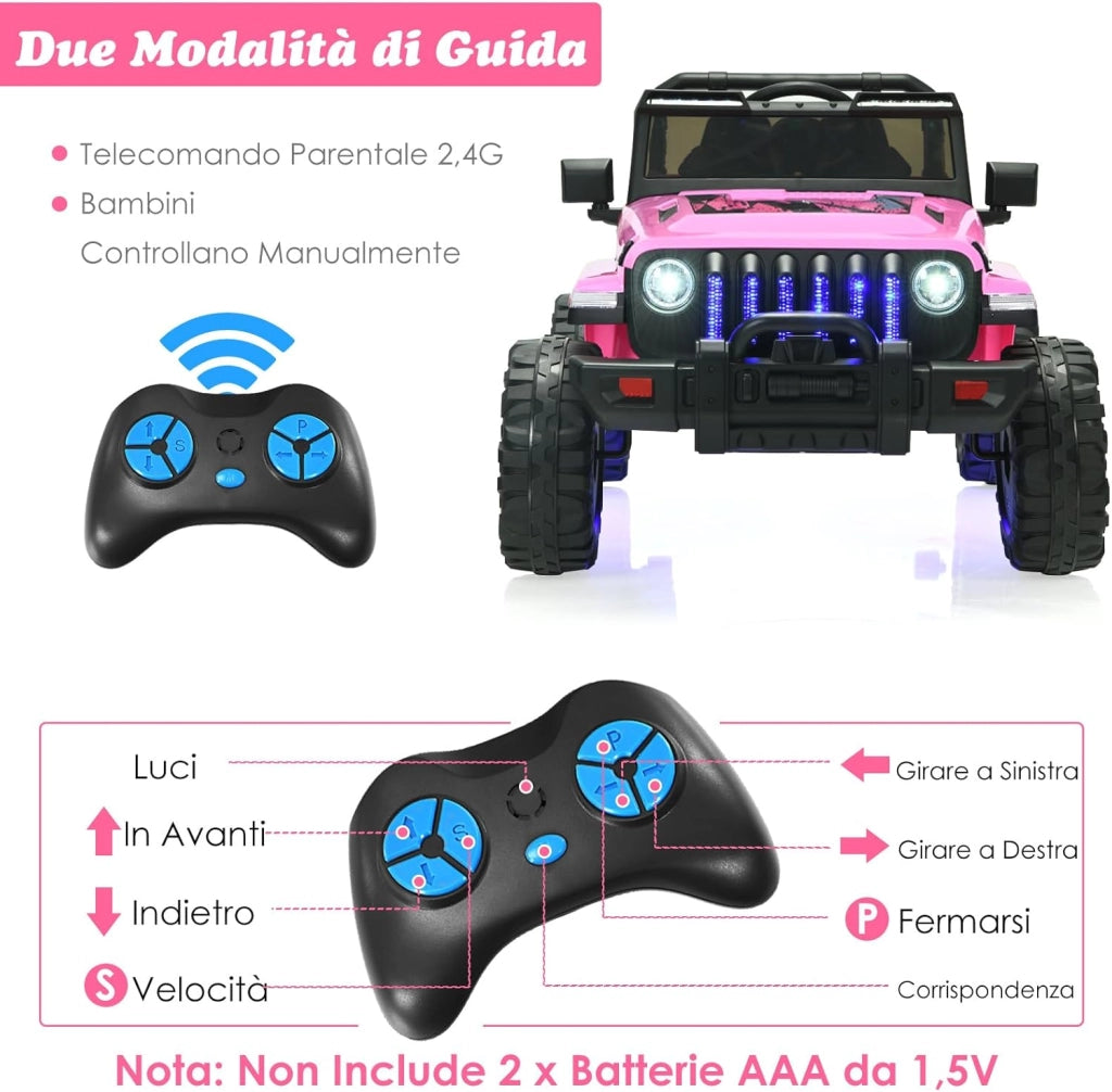 12V Auto per Bambini con Telecomando, Macchina Elettrica con 2 Posti Musica Porta USB e Luce, Velocità Regolabile 2,6-6km/h, per 3-8 Anni (Rosa)
