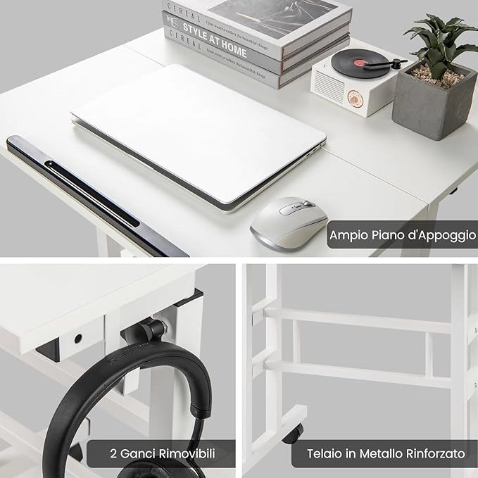 Scrivania per Computer Regolabile in Altezza, Scrivania Salvaspazio con Ruote e Ganci, Tavolo Porta PC per Studio e Ufficio, 60 x 60 x 72-124 cm (Bianco)