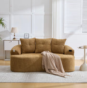 Divano a due posti in chenille senape con cuscini rotondi, imbottitura in schiuma e molle insacchettate, 164x92x60 cm
