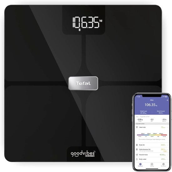 Ponderazione Smart - 14 indicatori di salute - connessa all'app - numero illimitato di utenti - capacità 180 kg - vetrata 32 x 32 cm - nero