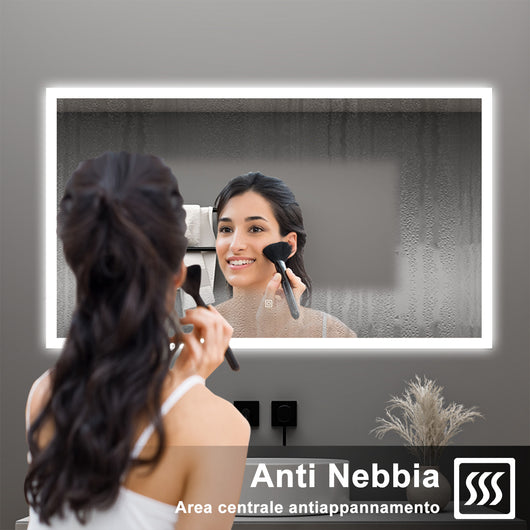 AICA Specchio da bagno  100 x 60 cm, dimmerabile, Funzione Memoria, antiappannamento, 3 colori