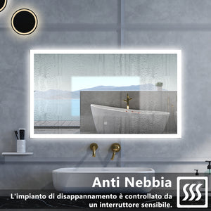 Specchio da bagno Rettangolare con 100x60cm,3 colori,Memoria, Antifog,Regorabile,Retroilluminato,doppio interruttore,