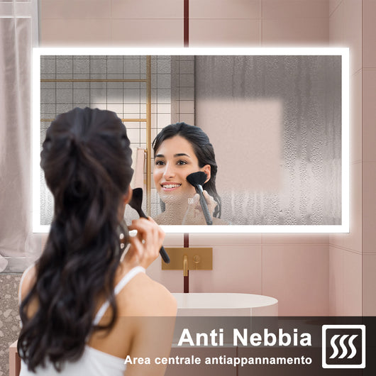 AICA Specchio da bagno  100 x 60 cm, dimmerabile, Funzione Memoria, antiappannamento, 3 colori