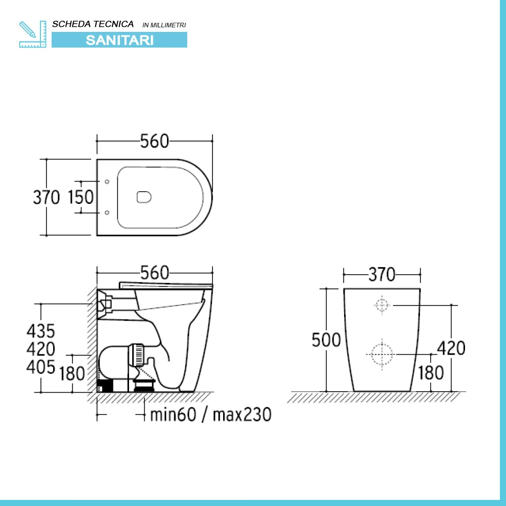 Wc e bidet filomuro per anziani con scarico traslato serie Comoda