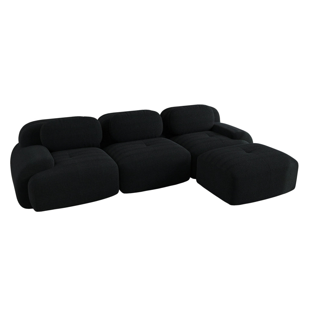 Divano angolare modulare senza montaggio in velluto a coste nero; design ergonomico e struttura senza telaio