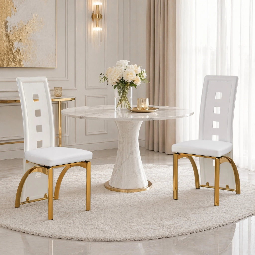 SEDIA da pranzo con schienale traforato, 102,5 cm, PU bianco e metallo oro, Set da 2 pezzi