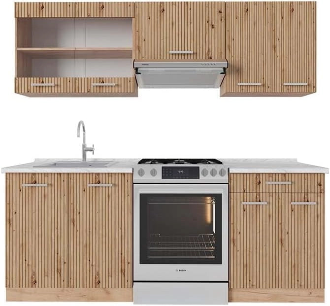 Cucina componibile R-Line, Casa di campagna bianca/quercia dorata, 200 cm, PL Antracite, adatto per l'espansione personalizzata tramite moduli aggiuntivi
