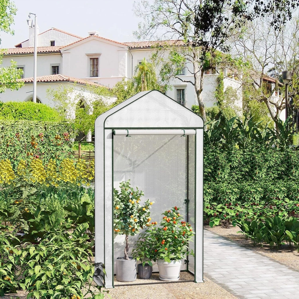Serra da Giardino con Porte Avvolgibili, Serra da Balcone, Telo in Rete PE 140 g/m², per Piante Idrorepellente, 4 Picchetti, 100x50x190 cm, Bianco