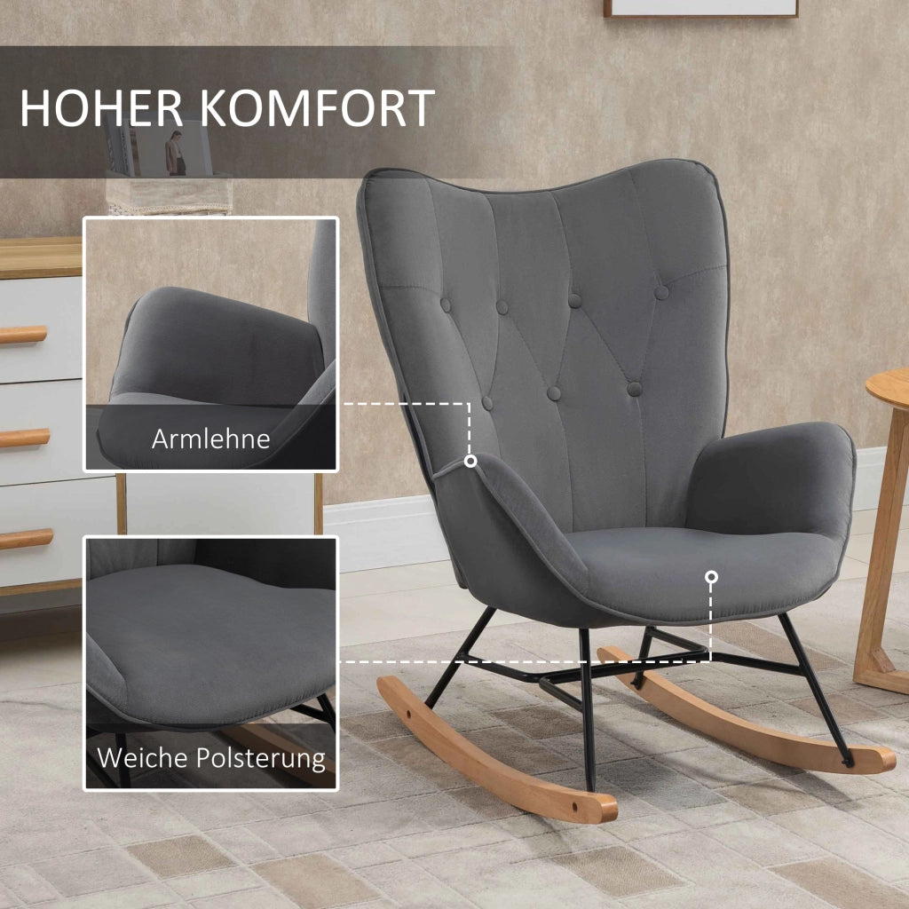 Poltrona a Dondolo con Steppatura e Gambe in Legno ¨C zephmum ¨C Velluto Grigio Scuro