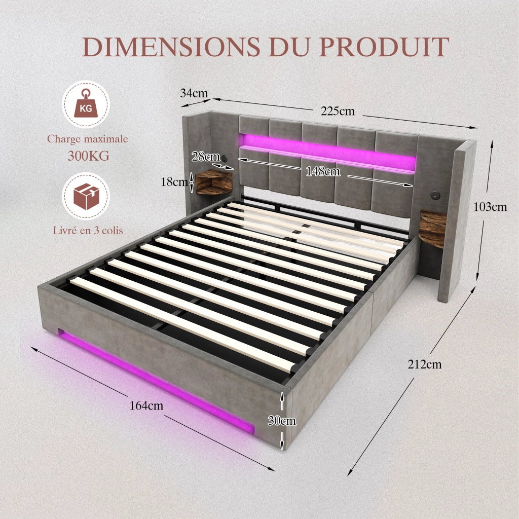 Letto Contenitore Matrimoniale 180x200 cm; USB; LED; vani laterali; in Velluto Grigio Scuro