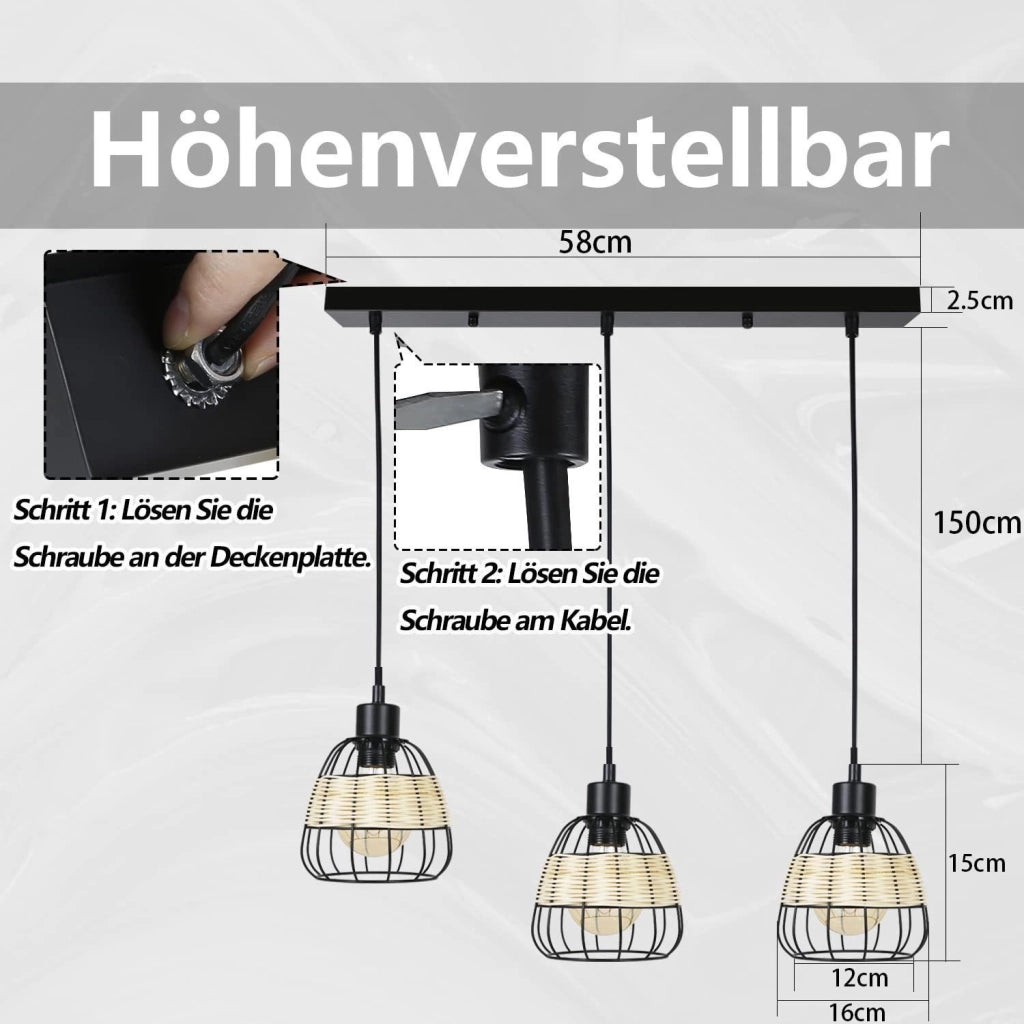 Lampada a Sospensione ZMH 3 luci nera E27 vintage retr¨° paralume rattan metallo industriale per sala da pranzo