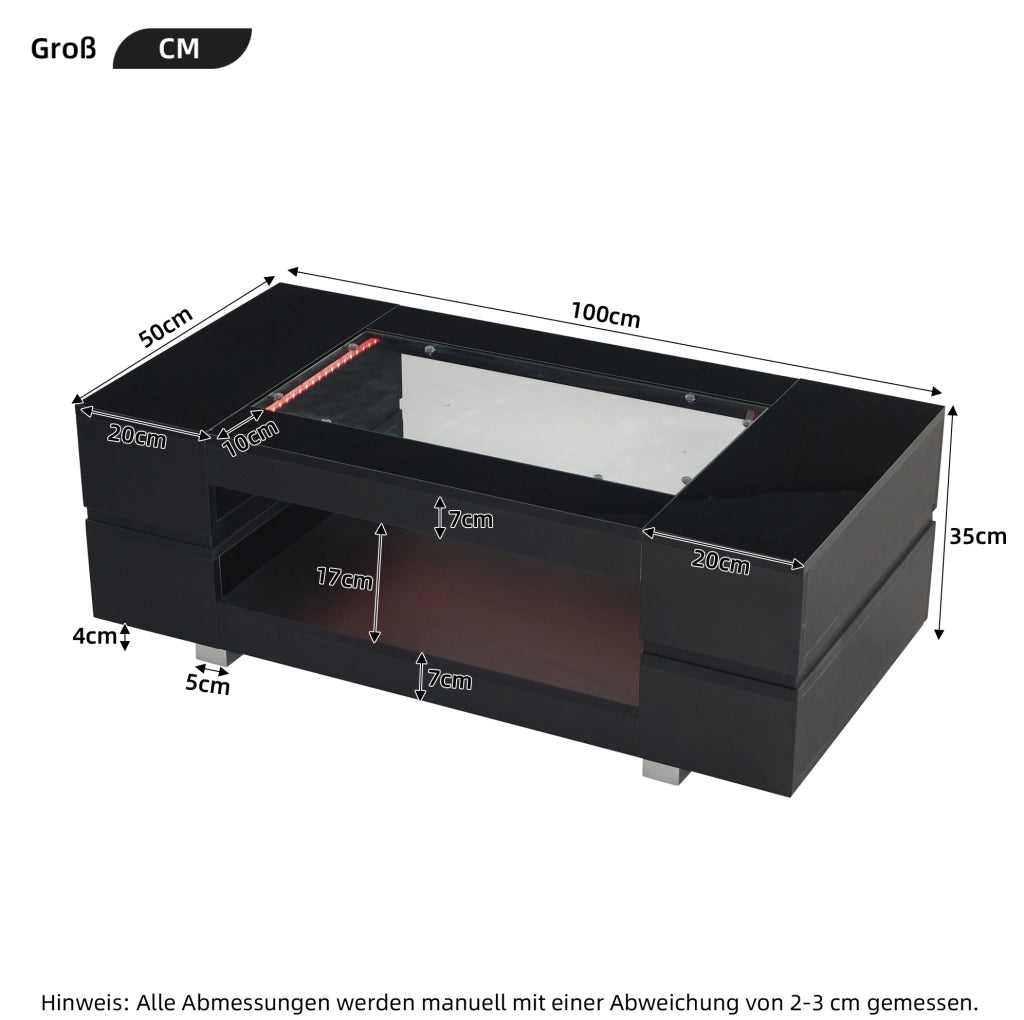 Tavolino da salotto LED nero 100 x 50 x 35 cm con struttura a doppio livello e piano in vetro temperato