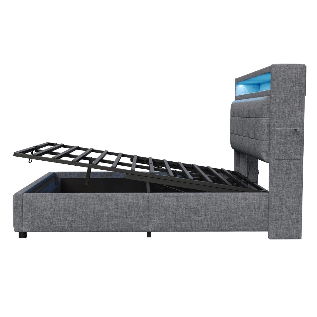 Letto imbottito 160x200 cm grigio con LED, USB, contenitore idraulico e rete a doghe