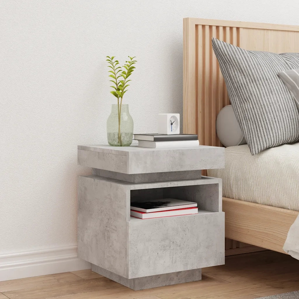 Comodino con Luci LED-Tavolino da notte Grigio Cemento 40x39x48,5 cm