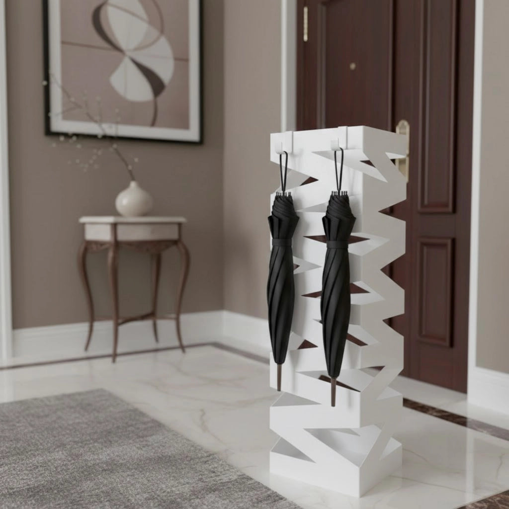 Portaombrelli In Acciaio Zincato Con Vaschetta Scolapioggia Base Antiscivolo Intarsi Decorativi 2 Ganci Removibili Per Ingresso Casa E Ufficio Design Moderno 49 X 15.5 X 15.5 Cm Bianco