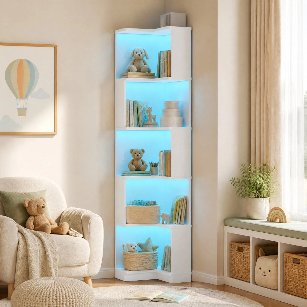 Libreria ad angolo bianca con LED e 5 ripiani