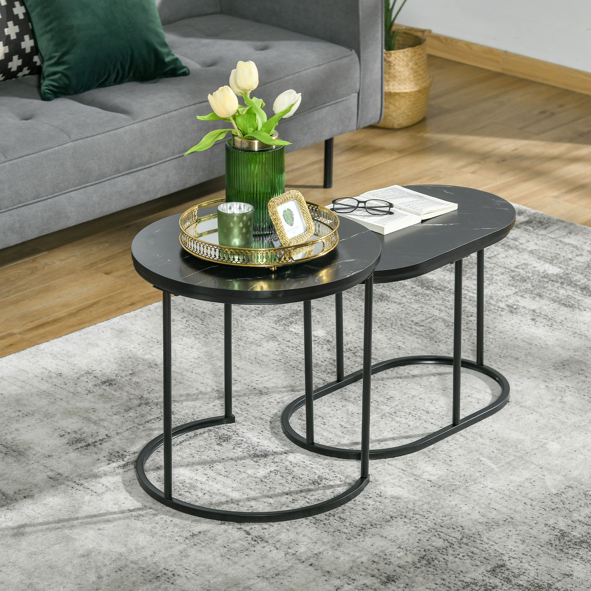 Set 2 Tavolini Sovrapponibili Ø50x50,5 cm e 60x36x43,5 cm con Piano Effetto Marmo Nero