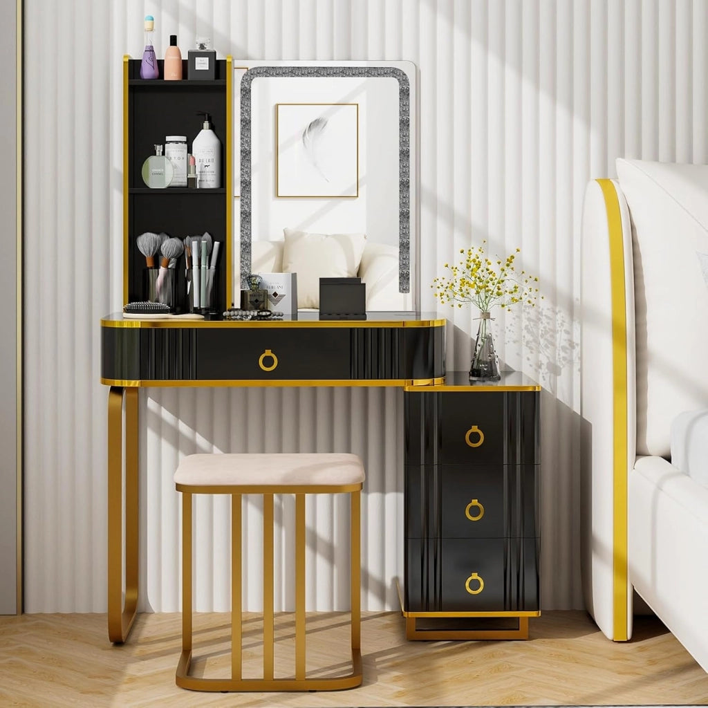 Toeletta da Trucco con Luci, Set Tavolo da Trucco con Sgabello 4 Cassetti, 7 Colori Regolabili di Luce, Porte USB, Telecomando, per Soggiorno Camera da Letto (Nero)