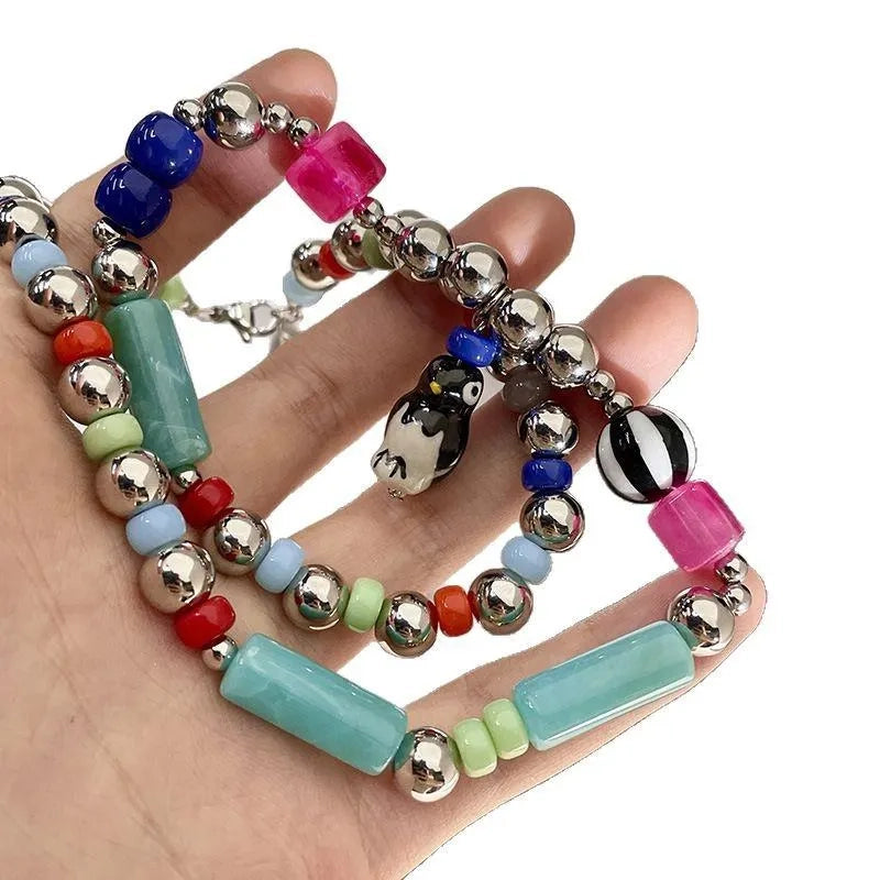 Collana estiva con grazioso pinguino, colorata e perline, realizzata a mano, regalo di compleanno per donna