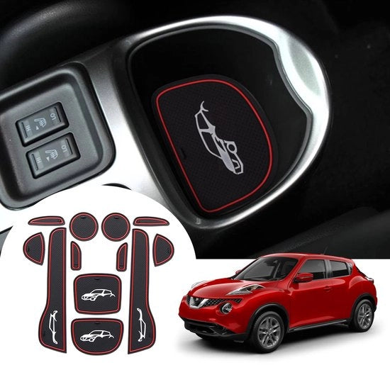 Matten Antislip compatibili con Nissan Juke F15 2011-2018, Mattoncini in gomma per console centrale, mattoncini per contenitore porta bicchieri, mattoncini per console porta oggetti (rosso)