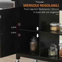 Carrello Cucina in Legno con Cassetto, Armadietto e 2 Ripiani Aperti, 2 Ruote con Freno, 83x45x88 cm, Nero