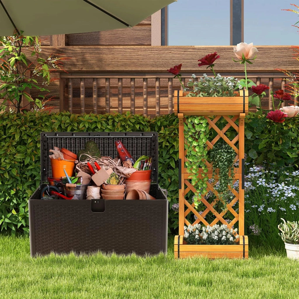 Cassapanca Per Esterni in Metallo e PE Rattan, Contenitore Impermeabile da 378 litri, con chiusura a chiave, 127 x 56 x 64 cm, Marrone