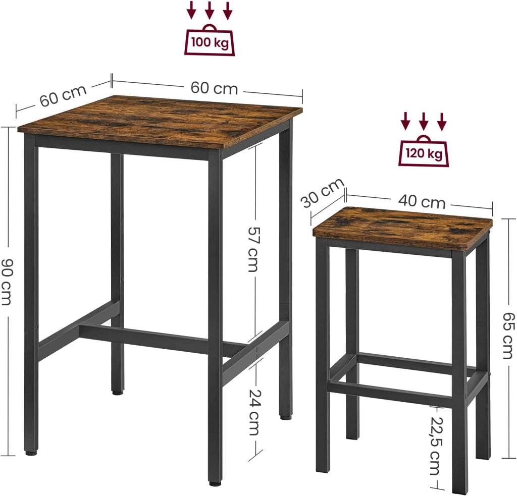 VASAGLE Tavolo Bar con 2 Sgabelli, Cucina Piccolo 60 x 60 x 90 cm, Ogni Sedia di 30 x 40 x 65 cm, Sala da Pranzo, Industriale, Marrone Vintage e Nero LBT017B01
