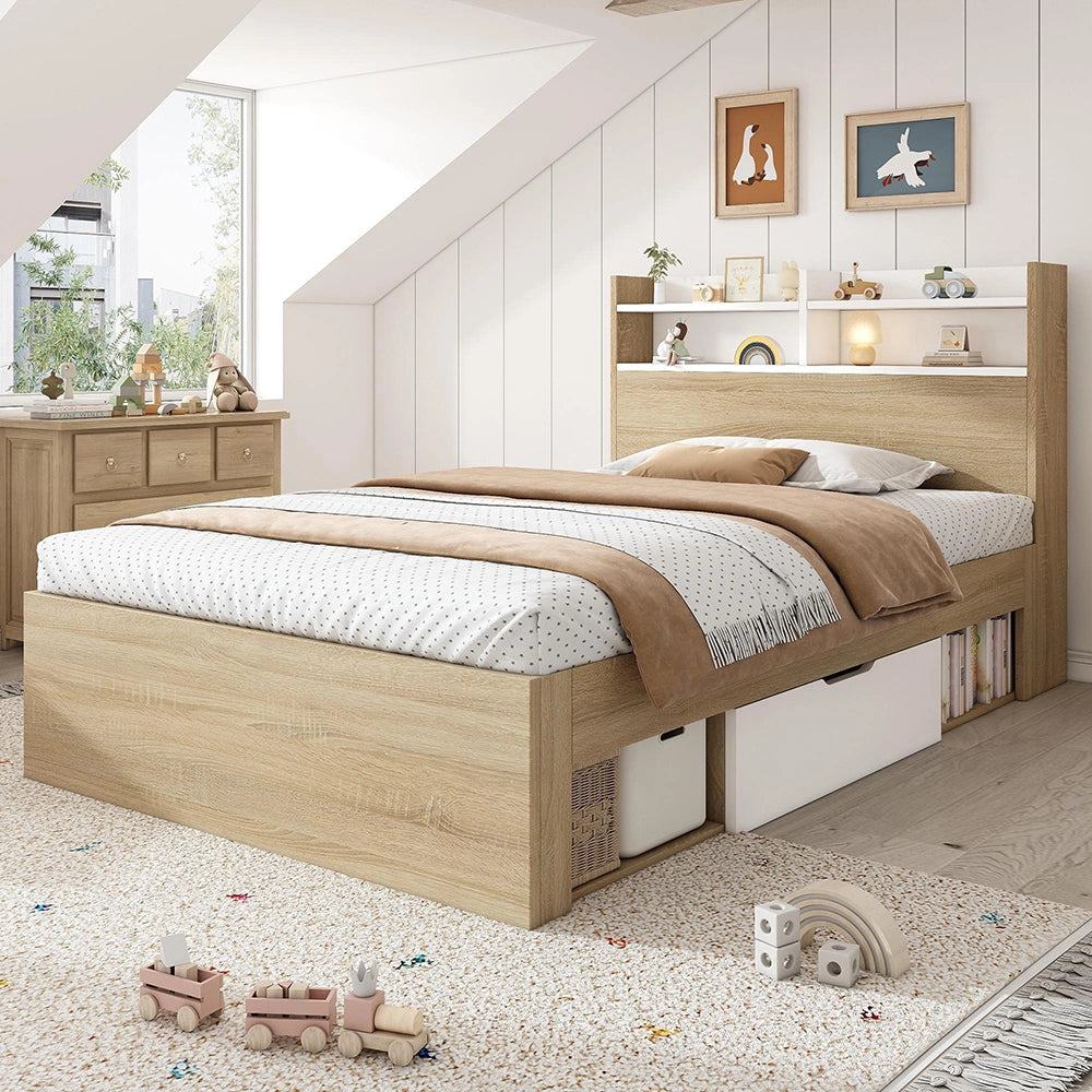 Letto legno-Xylo-90x200cm bianco/rovere 2 tiroir ripiani senza materasso