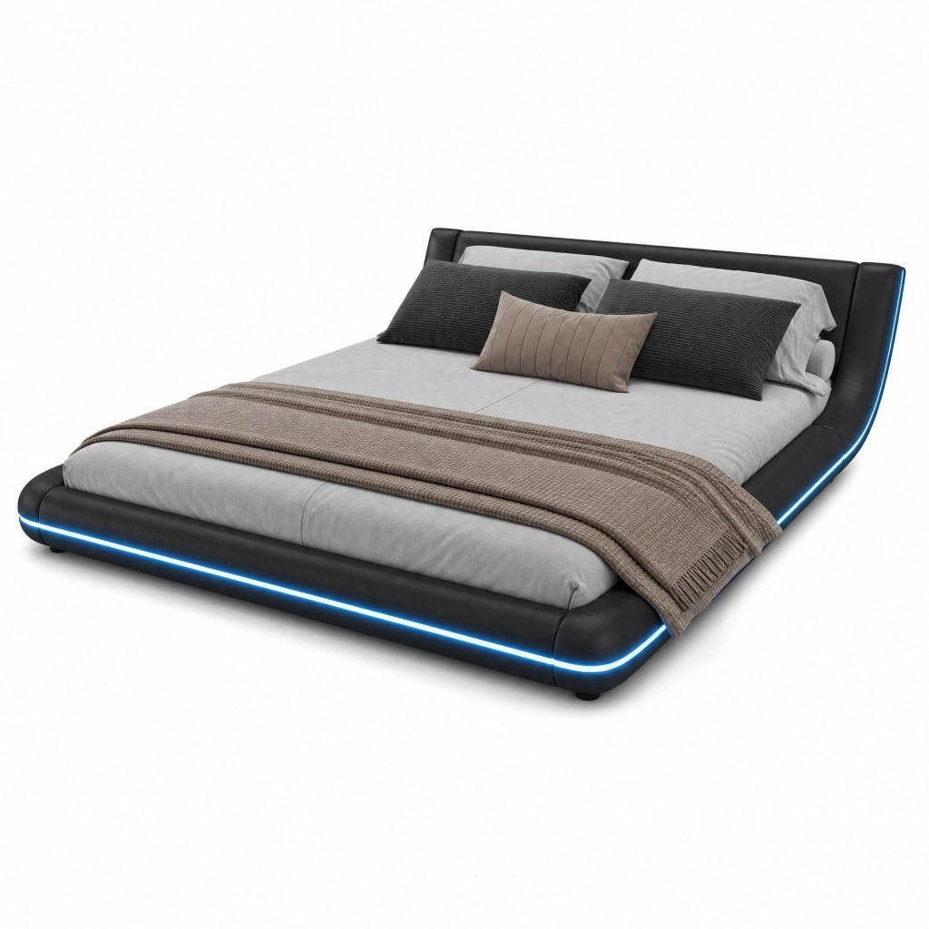Letto a pavimento 160x200 cm in PU e MDF con luci LED