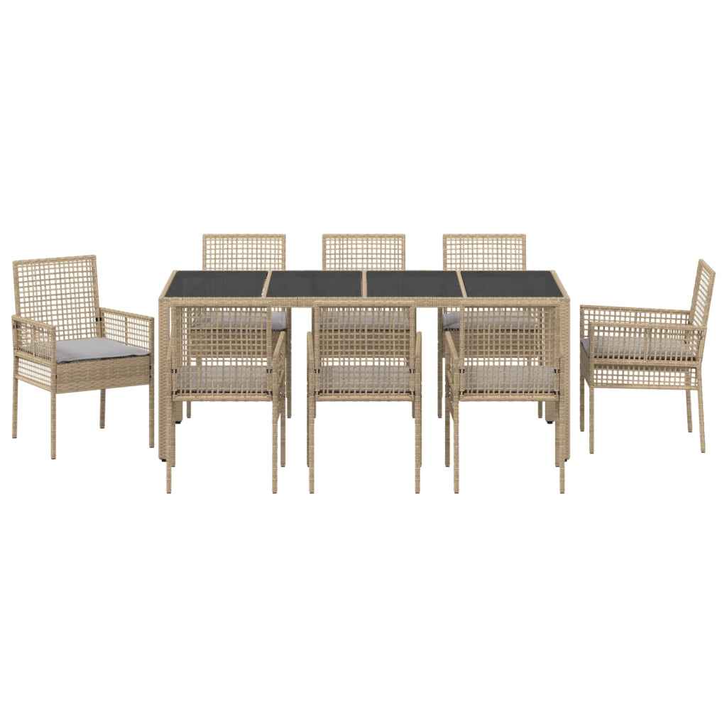 Set da Pranzo da Giardino 9 Pezzi con Cuscini Beige in Polyrattan
