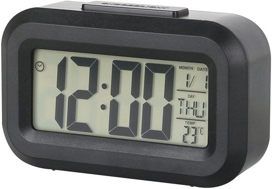Alarme digitale con display grande, calendario orario con illuminazione, sveglia con batterie, cassettiera da camera da letto (nero).