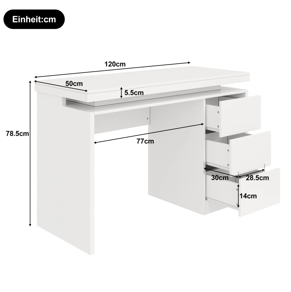 Scrivania LED 120x50x78;5 cm con 3 cassetti; MDF bianco opaco