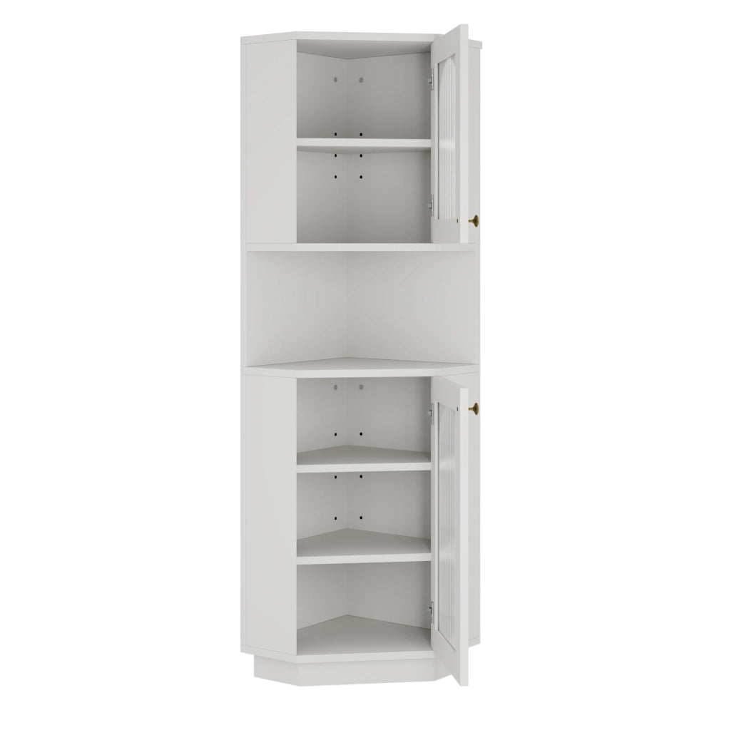 Mobile bagno angolare ULEVR bianco in MDF con luce interna, anta in vetro modellato e ripiani regolabili