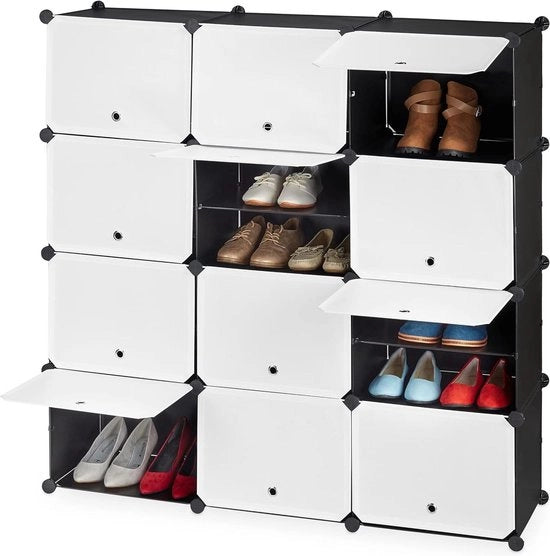 Cassettiere da scarpe con 24 contenitori e porte - stoccaggio scarpe in plastica e metallo - 125x125x32 cm - nero e bianco