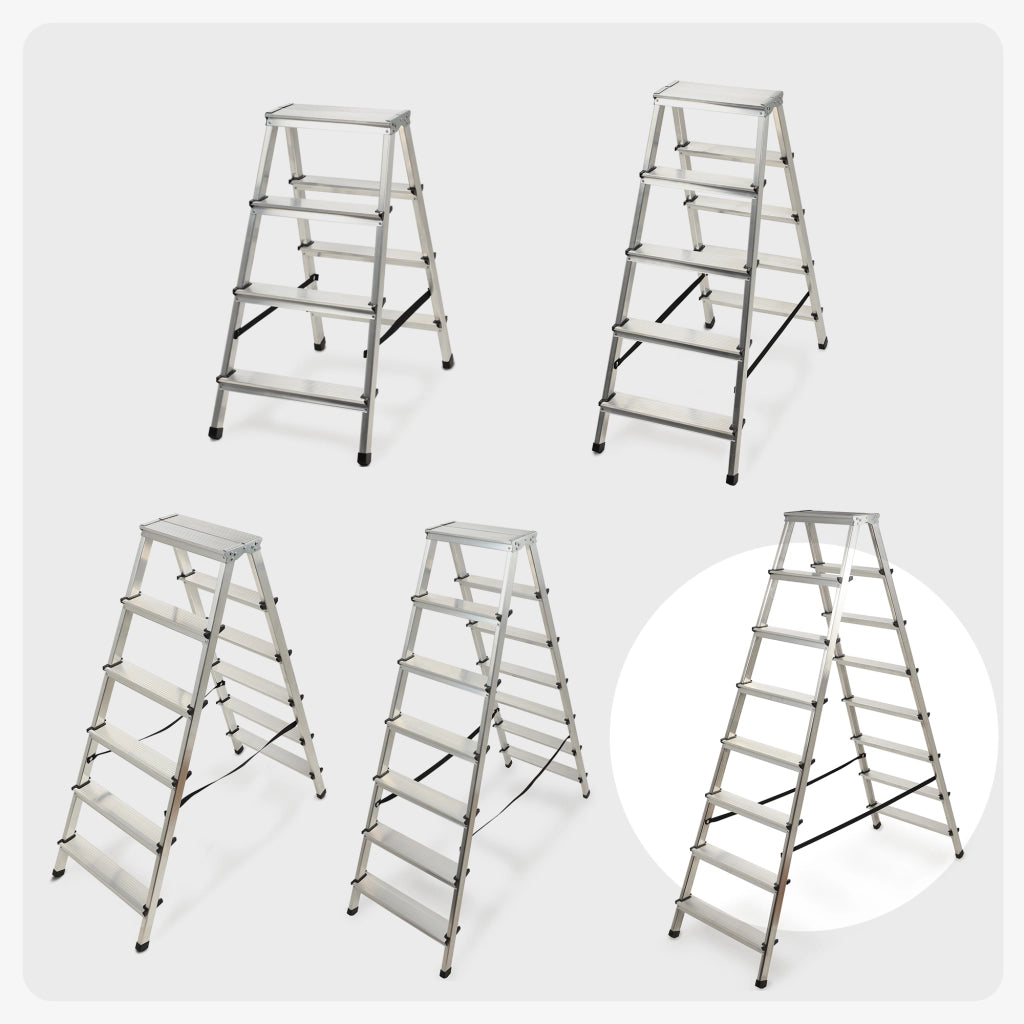 Scala domestica in alluminio KADAX a 8 gradini, pieghevole a doppia faccia, portata massima 125 kg.