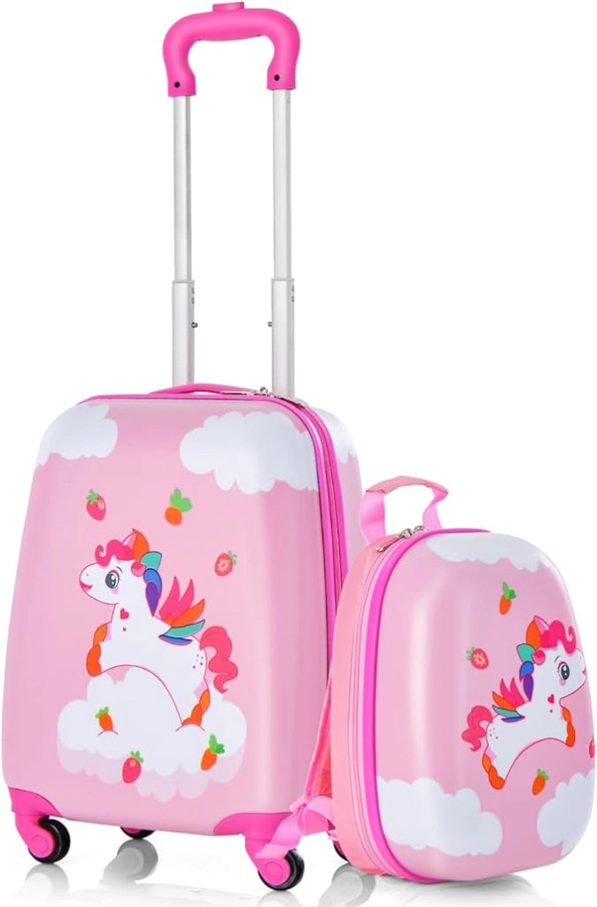Set di Valigia per Bambini, 16" Valigia+ 12" Zaino, 2 Pezzi, con Ruote Girevoli a 360° e Maniglia Retrattile, Ideale per Viaggiare in Modo Comodo e Divertente (Modello 14)