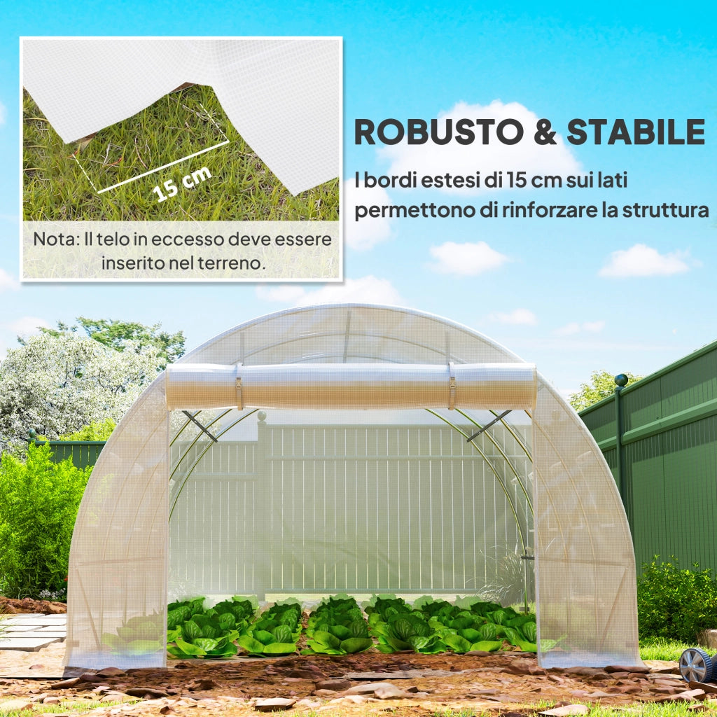 Telo per Serra 4x3x2 m con 8 Finestre Porta Avvolgibile e Bordi Interrati in PE Bianco