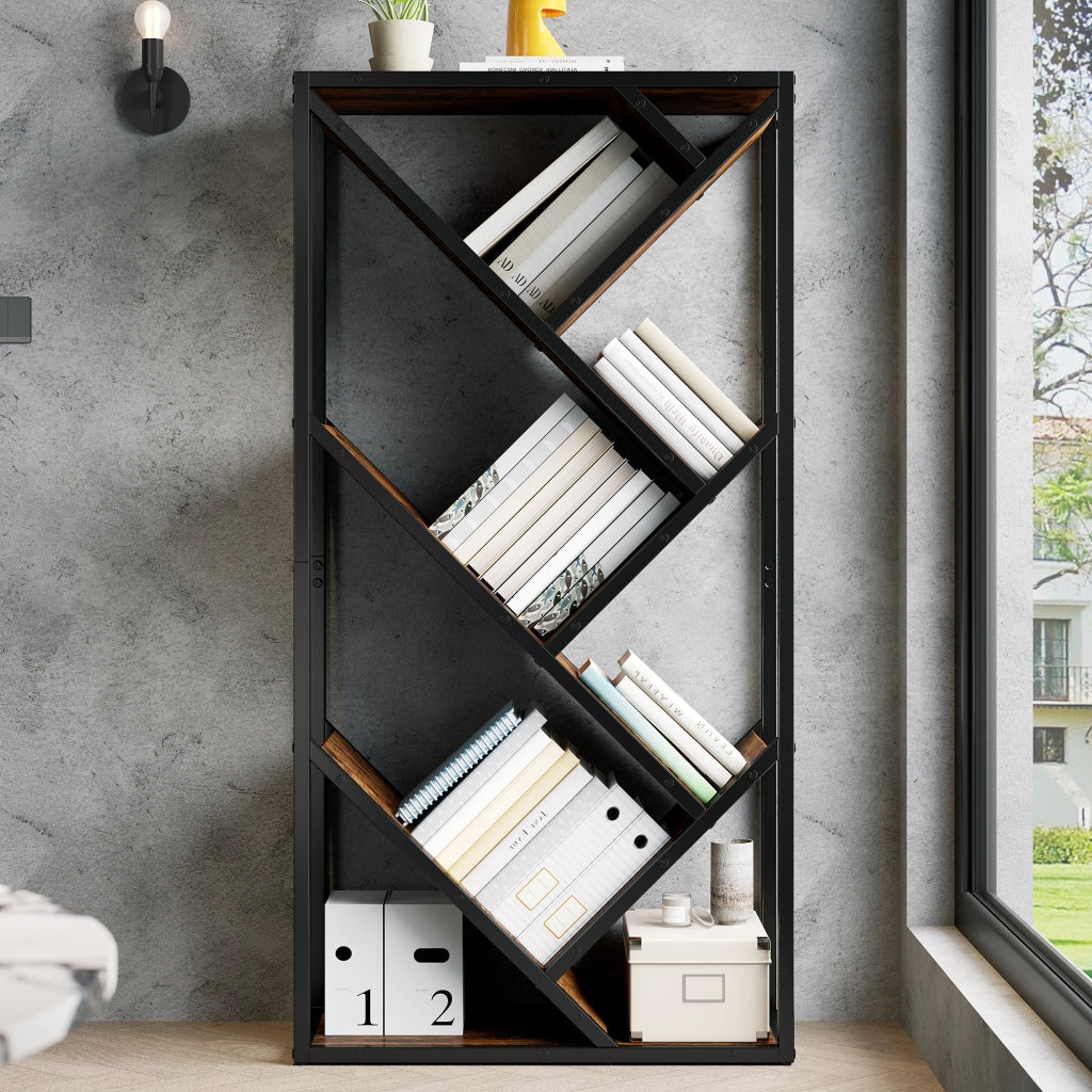 Libreria a forma di albero 80 × 35 × 160 cm, scaffale a 8 ripiani, nero e marrone vintage, con struttura in metallo e pannello MDF