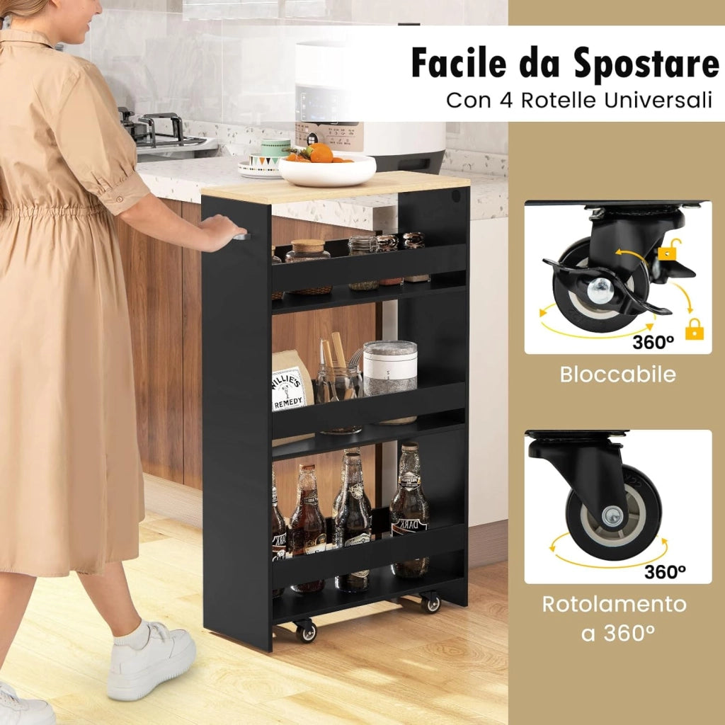 Carrello da Cucina a 4 Ripiani, Carrello in Legno con 4 Ruote Universali, Carrello Scaffale Stretto Salvaspazio con Manico per Bagno, Ufficio, Officina, 47,5 x 20 x 80,5 cm (Nero)
