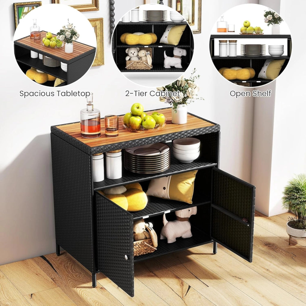 Armadietto da Giardino in Rattan con Piano di Lavoro e Scaffale, Ideale per Esterni, Giardino, Balcone e Piscina, 90 x 53 x 66 cm