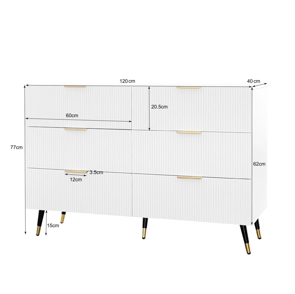 Credenza 120x77x40 cm con 6 cassetti; pannello truciolare bianco e oro