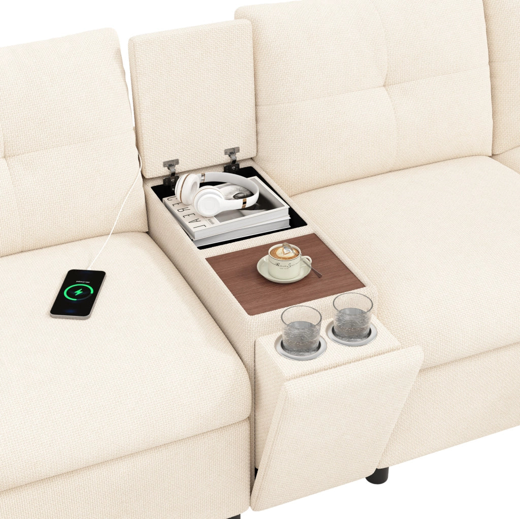 Divano angolare modulare con 2 pouf contenitore e console USB Type-C 316x140x84;5 cm ciniglia beige