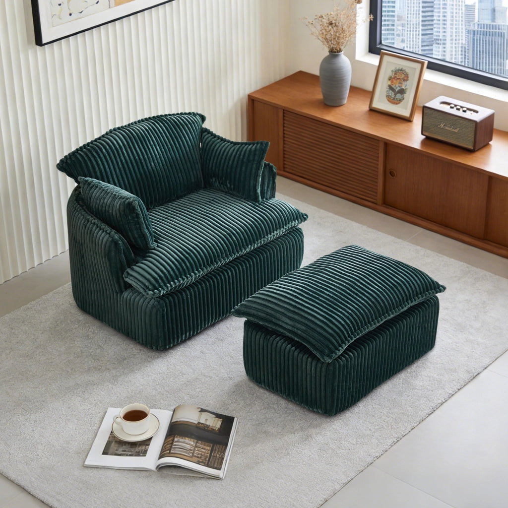 Poltrona con pouf per relax, con seduta in schiuma ad alta densità e cuscini, in flanella verde