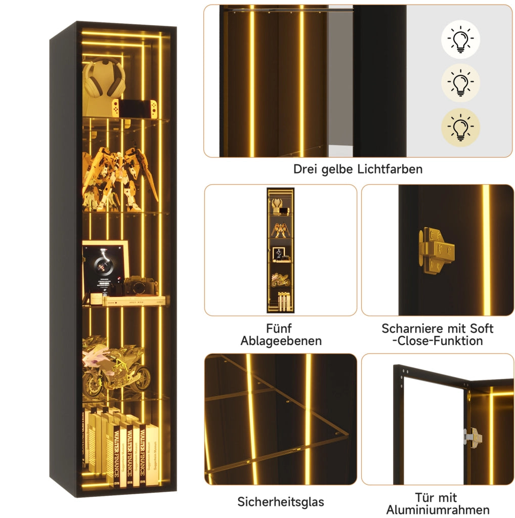 Vetrina in vetro temperato 30x30x160 cm con LED; 5 ripiani regolabili; MDF e alluminio; nera