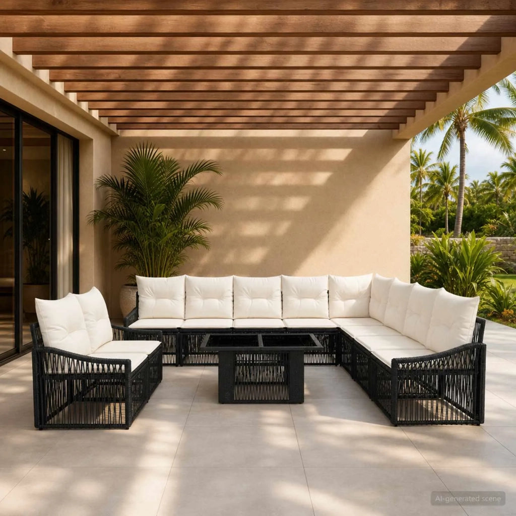 Set Divano da Giardino 11 pz Nero e Bianco Crema polyrattan 3437272