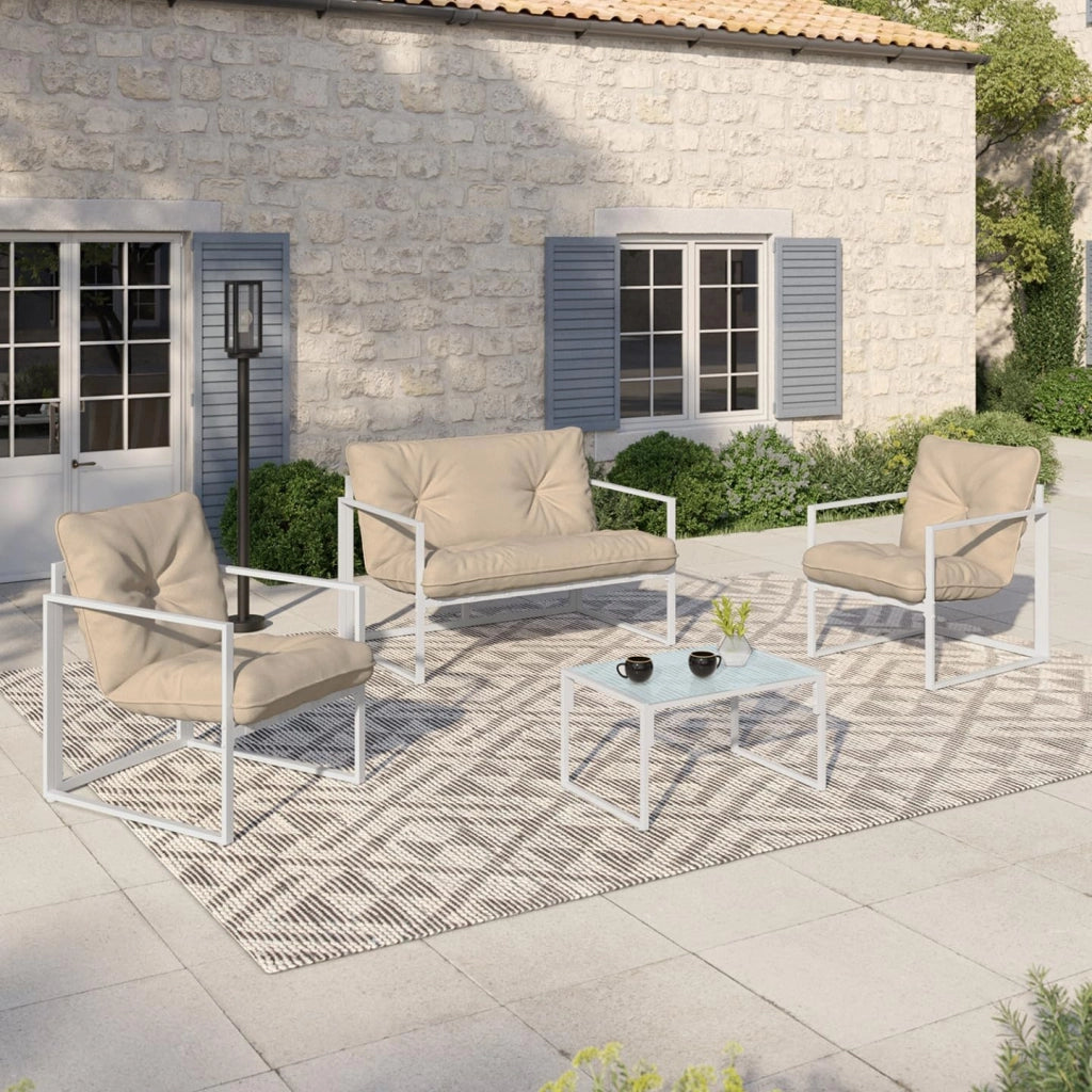 Nairobi Set di mobili da Giardino Bassi a 4 posti in Acciaio Bianco con Cuscini Beige