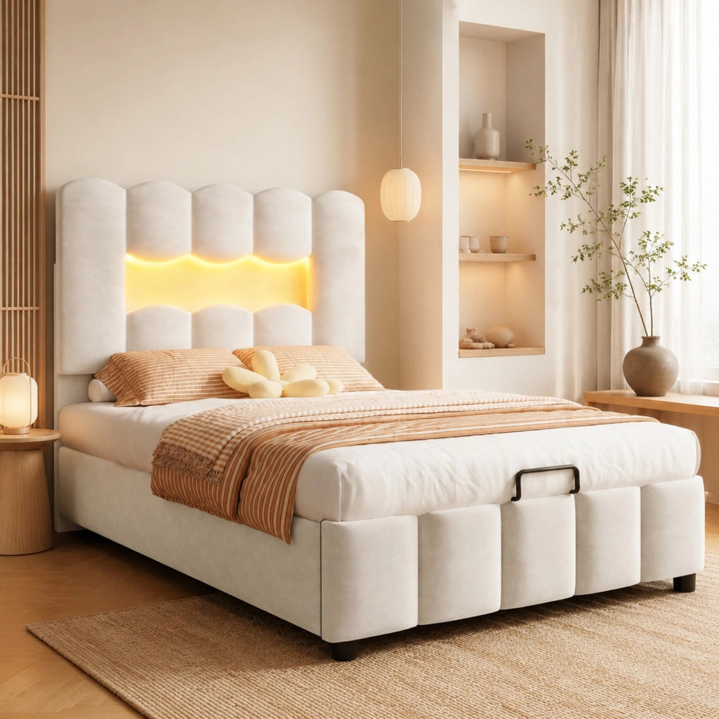 LETTO Contenitore 90x200 cm in velluto beige con LED e testiera regolabile